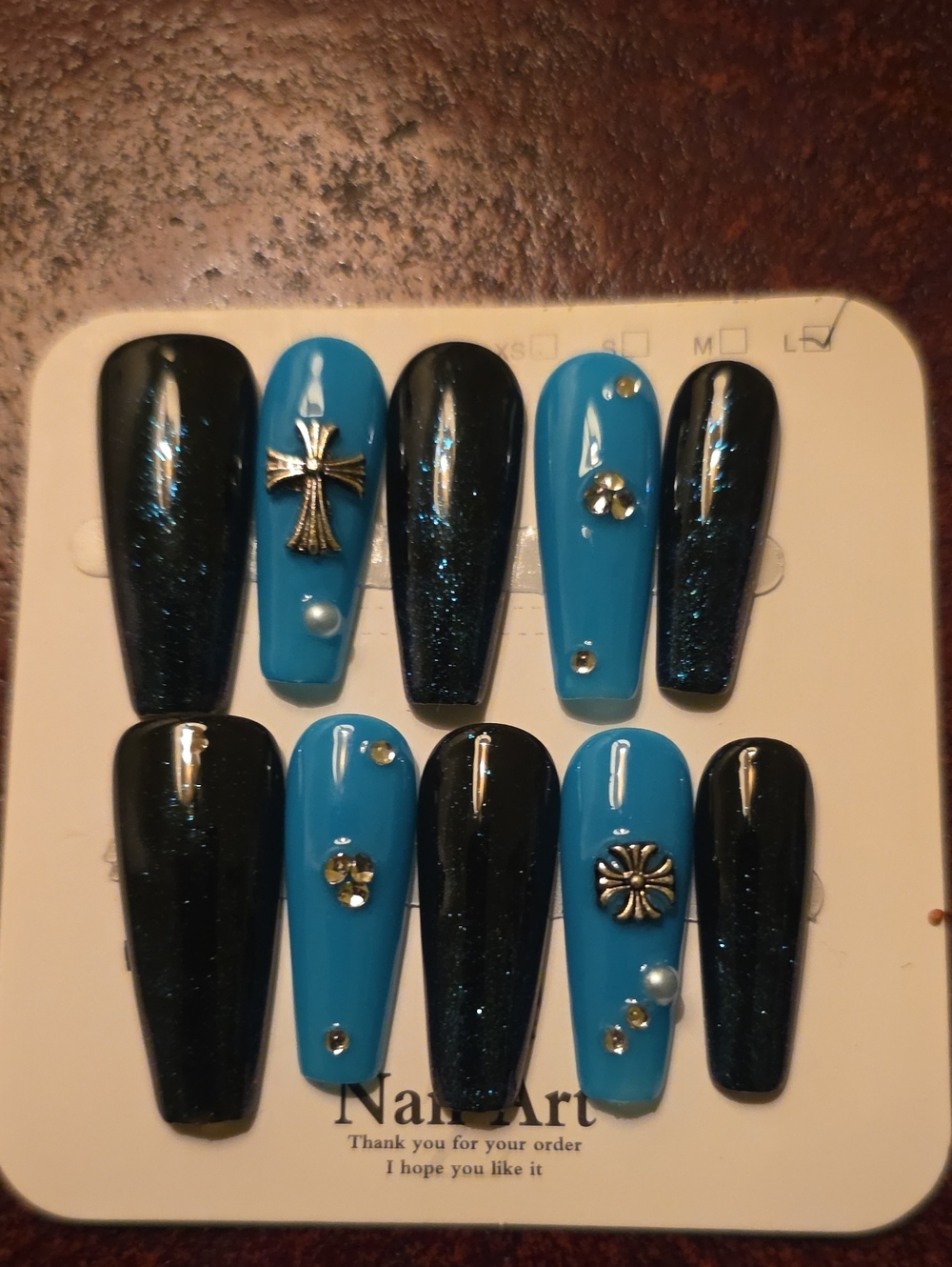 Blue & Black Glitter Press-On Nails with Rhinestone Accents Size Large